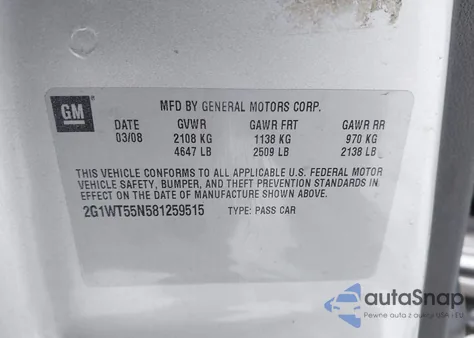 2008 Chevrolet Impala Lt из США, поврежденный, VIN 2G1WT55N581259515